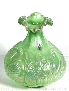 George Fenton Swan Green Opalescent Carnival Glass Vase.  8" Tall