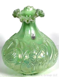 George Fenton Swan Green Opalescent Carnival Glass Vase.  8" Tall