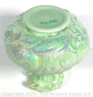 George Fenton Swan Green Opalescent Carnival Glass Vase.  8" Tall