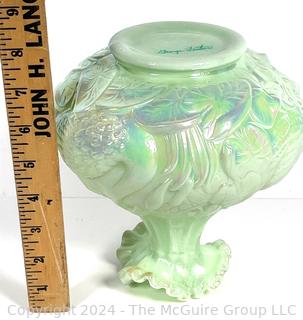 George Fenton Swan Green Opalescent Carnival Glass Vase.  8" Tall