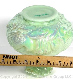 George Fenton Swan Green Opalescent Carnival Glass Vase.  8" Tall