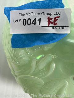 George Fenton Swan Green Opalescent Carnival Glass Vase.  8" Tall