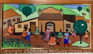 Framed Oil on Canvas of Haitian Village Signed by Artist Daveo Silva  18" x 35".