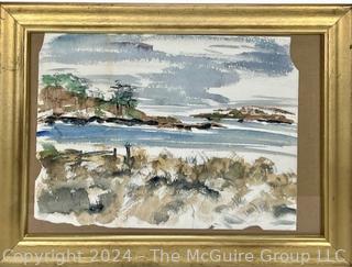 Framed Under Glass Watercolor of Rocky Shoreline, Unsigned with Rough Cut Edges.  12" x 16".