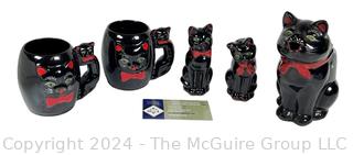 Four (4) Piece Set of Ceramic Mid Century Shafford Black Cat Red Ware (Green Eye)