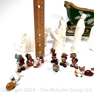 Twelve (12) Piece White Ceramic Nativity Set and South American Miniature Clay Creche 