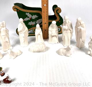 Twelve (12) Piece White Ceramic Nativity Set and South American Miniature Clay Creche 