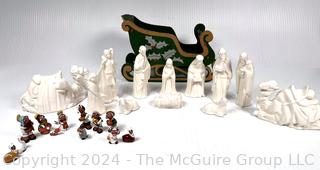 Twelve (12) Piece White Ceramic Nativity Set and South American Miniature Clay Creche 