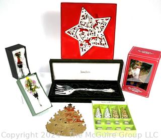 Christmas Ornaments and Neiman Marcus Serving Fork in Gift Boxes