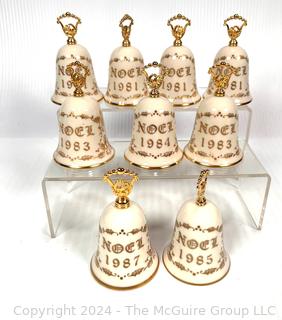 Nine (9) Gorham Fine China Annual Christmas Bells (1981-1987)