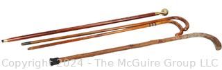 Four (4) Wooden Canes Including Crooked, Metal Pommel and Inlays