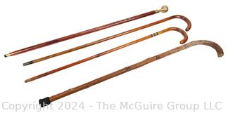 Four (4) Wooden Canes Including Crooked, Metal Pommel and Inlays