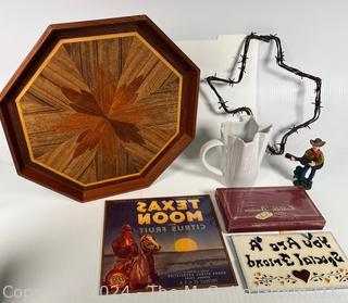 Texas Shaped Barbed Wire Art, Inlaid Tray and Ceramic Pitcher  