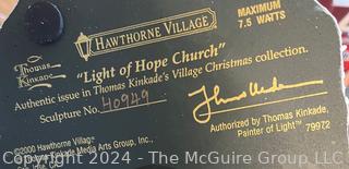 (4) Lighted Buildings of Hawthorne Village Thomas Kinkade's Christmas Collection in Original Styrefoam: Village Post Office (#A5769) Light of Hope Church (#40949) Victorian Homestead (#D6485) Santa's Workshop Toys (#D8749)