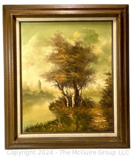 Framed Oil on Canvas of Landscape with Church Signed by Artist William Henry Harlock (1886–1909) New Zealand. 31" x 27" 