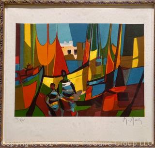 Framed Under Glass Limited Edition Lithograph Abstract of "Navires au Port" Signed & Numbered   by Marcel Mouly.  24" x 23"