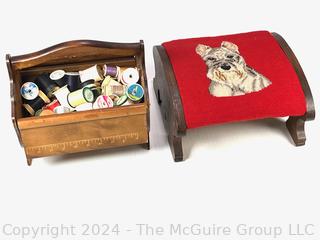 Wood Sewing Basket and Needlepoint Stool with Dog