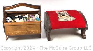 Wood Sewing Basket and Needlepoint Stool with Dog