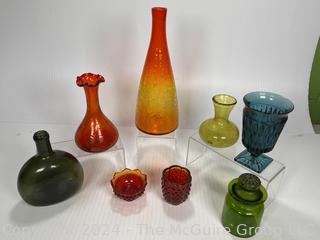 Collection of Mid Century Hand Blown Art Glass Including Crackle and Amberina