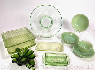 Green Glassware Including Fire King Jadeite, Refrigerator Dishes and Art Glass Trinket Bowl