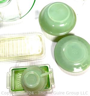 Green Glassware Including Fire King Jadeite, Refrigerator Dishes and Art Glass Trinket Bowl