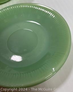 Green Glassware Including Fire King Jadeite, Refrigerator Dishes and Art Glass Trinket Bowl