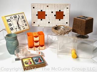 Mid Century Decorative Items Including Mosaic Tile Dish, Kitchen Wall Clock, Desk Accessories; Pottery Vase; Abalone Shell; and MCM Playing Card Deck Set