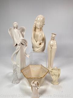 Porcelain Ceramic Madonna, Angels, and Pierced Lenox Bowl.