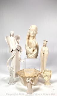 Porcelain Ceramic Madonna, Angels, and Pierced Lenox Bowl.