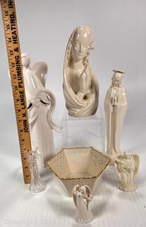 Porcelain Ceramic Madonna, Angels, and Pierced Lenox Bowl.