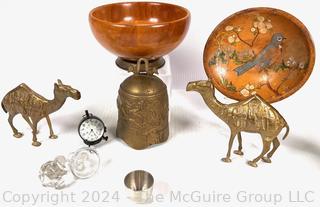 Souvenir Items Including Wooden Bowls, Brass Bell, Camels