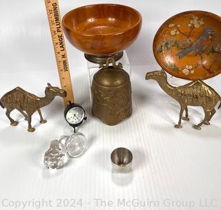 Souvenir Items Including Wooden Bowls, Brass Bell, Camels