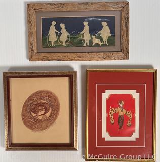 Three (3) Small Framed Under Glass Art Pieces Including Erte, Silhouette Art and Signed Print 