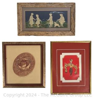 Three (3) Small Framed Under Glass Art Pieces Including Erte, Silhouette Art and Signed Print 