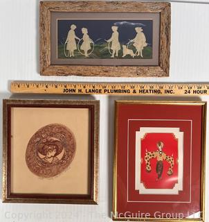 Three (3) Small Framed Under Glass Art Pieces Including Erte, Silhouette Art and Signed Print 