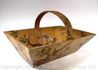 Folk Art Painted Wooden Trug Basket with Bent Wood Handle