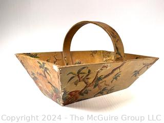 Folk Art Painted Wooden Trug Basket with Bent Wood Handle