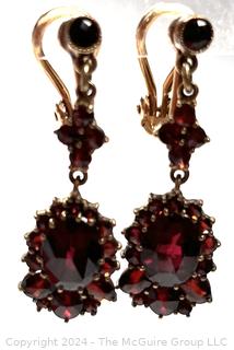 Bohemian Garnet Pierced Dangle Earrings Mounted in 14kt (585) Yellow Gold.  Total Weight 6.5 grams