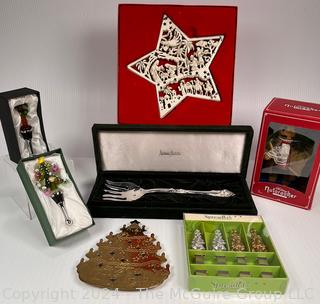 Christmas Ornaments and Neiman Marcus Serving Fork in Gift Boxes