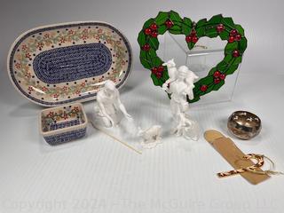 Collection of Christmas Decor Including Stained Glass Heart and Lenox The Nativity Shepherds Figures 