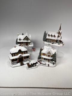 (4) Lighted Buildings of Hawthorne Village Thomas Kinkade's Christmas Collection in Original Styrefoam: Village Post Office (#A5769) Light of Hope Church (#40949) Victorian Homestead (#D6485) Santa's Workshop Toys (#D8749)