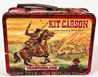 1955 Davy Crockett Kit Carson Lunch Box,  No Thermos.  Hinge separated