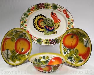 Four (4) Piece Enamelware Serving Pieces Including Turkey Platter 