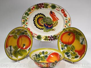 Four (4) Piece Enamelware Serving Pieces Including Turkey Platter 