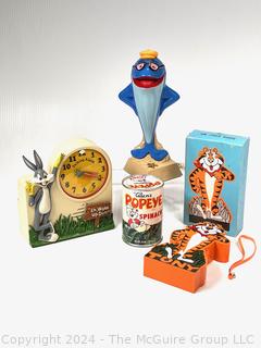 1965 Popeye Spinach Can Coin Bank, 1987 Star-Kist Tuna Telephone, Tony the Tiger Radio, Complete With Box and 1974 Bugs Bunny Talking Alarm Clock Wind Up (untested)