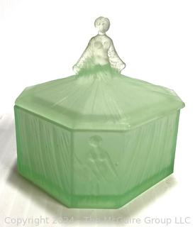 Art Deco "Roxana" Green Satin Uranium (Fluorescent) Glass Ramses Powder Jar, Paris (was Lot 1005ND)