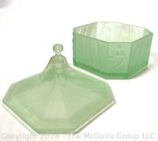 Art Deco "Roxana" Green Satin Uranium (Fluorescent) Glass Ramses Powder Jar, Paris (was Lot 1005ND)