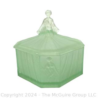 Art Deco "Roxana" Green Satin Uranium (Fluorescent) Glass Ramses Powder Jar, Paris (was Lot 1005ND)