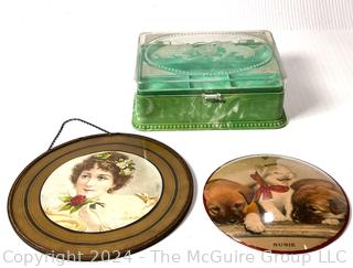 Green Celluloid Jewelry Box, Reverse Painted Flue Cover and Convex Glass Framed Cats and Dogs Print