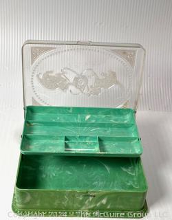 Green Celluloid Jewelry Box, Reverse Painted Flue Cover and Convex Glass Framed Cats and Dogs Print